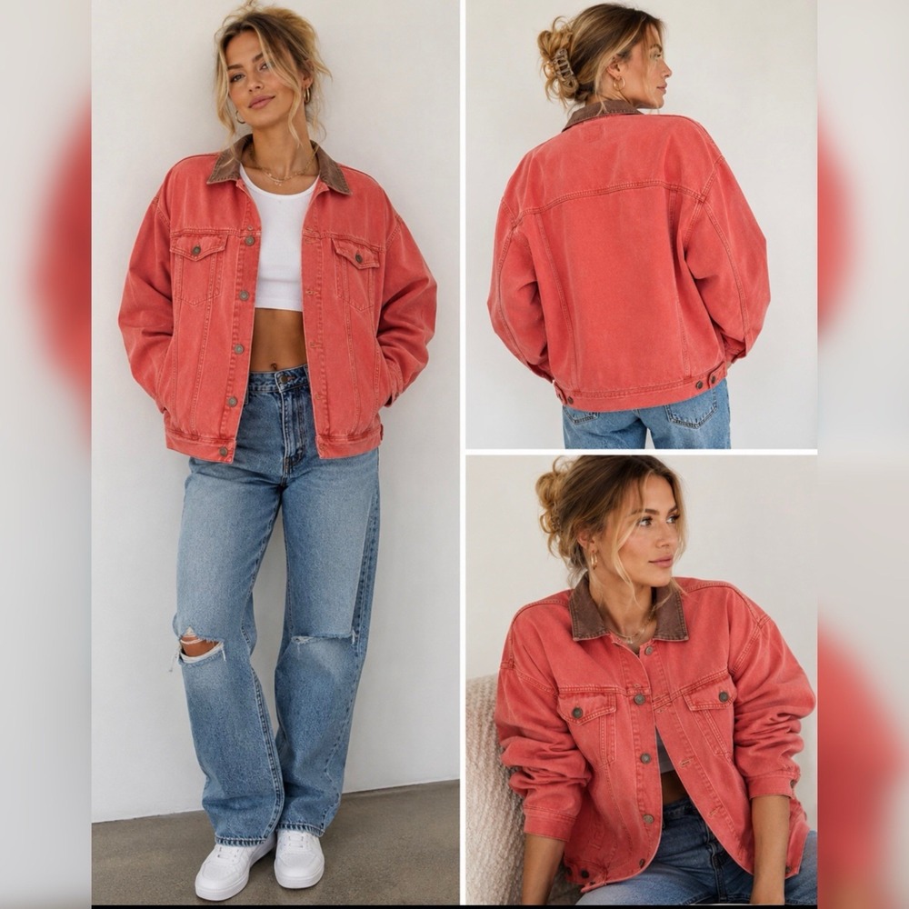 Vintage 90s GAP Denim Jacket Women's L Coral SalmonLeather Collar USA OVERSIZED